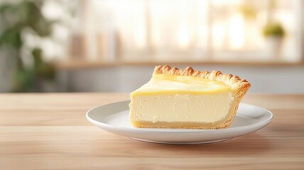 Slice of creamy cheesecake on a white plate, displayed on a wooden table with a blurred background.