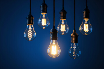 Illuminated hanging light bulbs on a dark blue background.