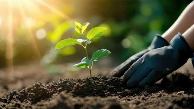 A young child planting a small sapling in rich soil. Eart day concept.