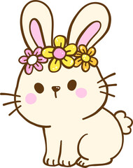 Cute Retro Spring Bunny Rabbit with Flower Crown Wreath Doodle Hand Drawn