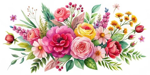 Vibrant Watercolor Floral Arrangement Featuring Roses, Daisies, and Other Blossoms, Ideal for Invitations, Cards, and Decorative Purposes