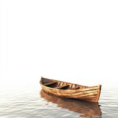 Empty Wooden Rowboat Drifting Calmly on Still Water Surface in Fog