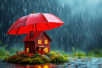 Red umbrella protecting a miniature house from rain, symbolizing home insurance and security.