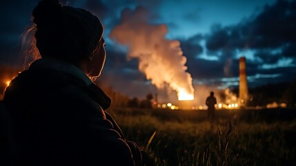 Obraz premium Nightfall Factory Glow Woman Contemplates Industrial Pollution.
