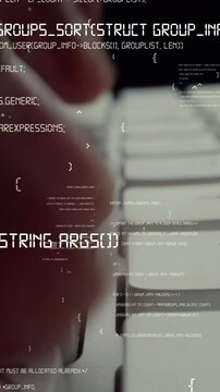 Creative visual of computer programming coding and software development shown by man working on computer keyboard with overlay of computer graphic displaying abstract program codes and computer script