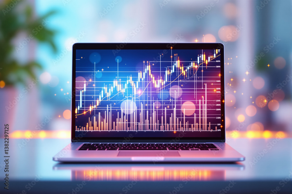 Aufkleber laptop displaying financial stock market chart with glowing analytics.