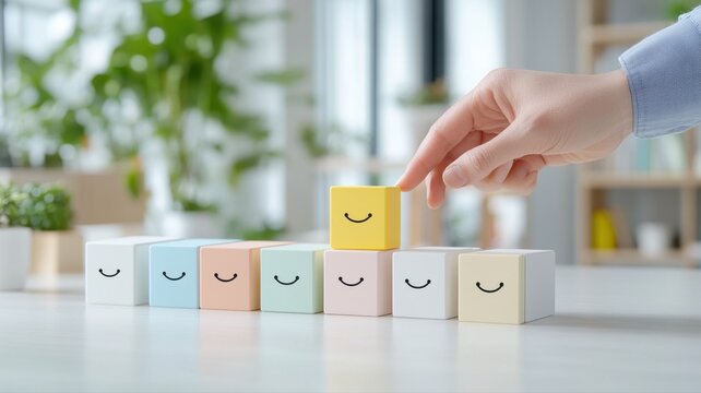 Smiling blocks arranged in ascending order, symbolizing growth and positivity in a workplace setting.