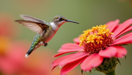 Fototapeta premium Tiny hummingbird hovering over a blooming flower, macro photography perspective