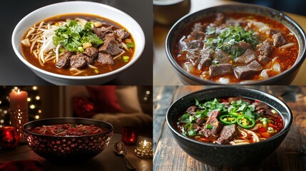 Four variations of delicious beef noodle soup.