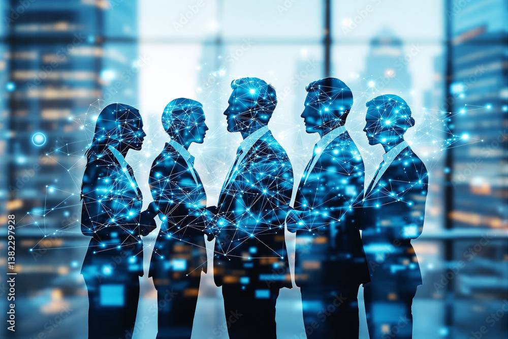 Poster digital business network concept. silhouettes of business professionals shaking hands with abstract 
