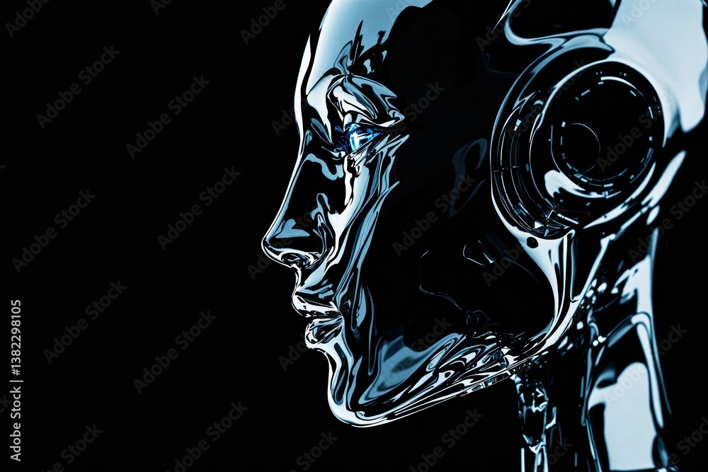 Poster Futuristic robotic humanoid with reflective metallic surface in profile view.