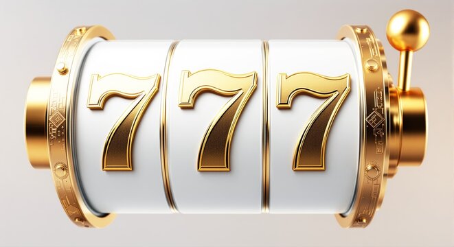 Slot machine jackpot with golden 777 on white reels.