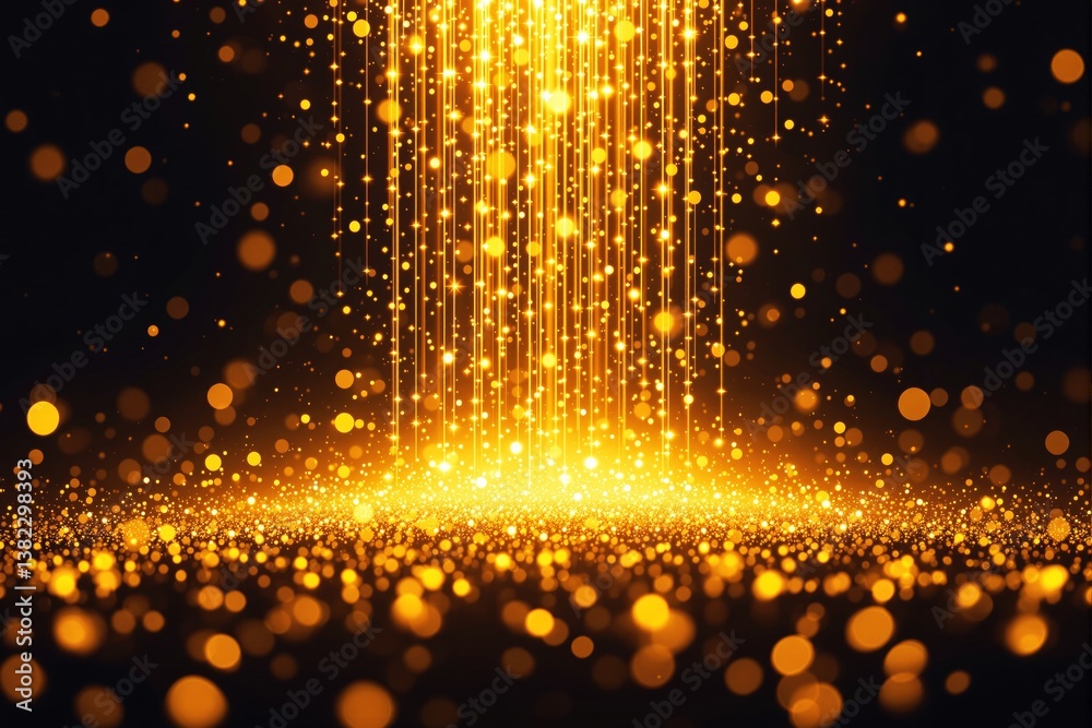 Poster glowing golden light particles falling in an abstract background.