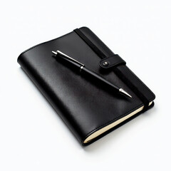 Black Leather Notebook and Pen Product Shot