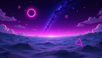 Surreal landscape with floating neon geometric shapes in a cosmic sky