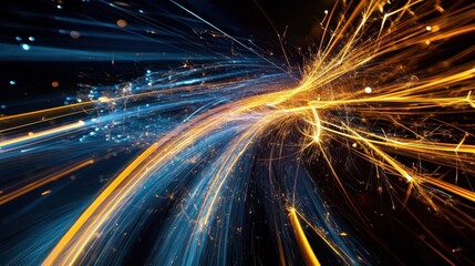 High-speed laser cutting process, with sparks forming intricate light trails on a dark background