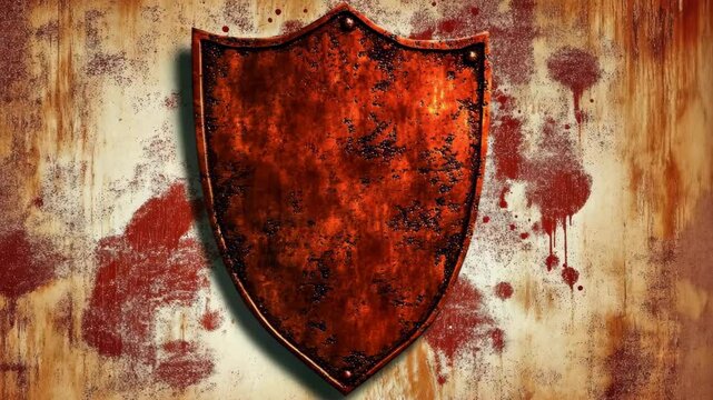 Rusty medieval shield hangs against a weathered wall with splatters of red and brown paint