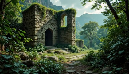 Deserted ancient ruins overtaken by dense jungle vegetation