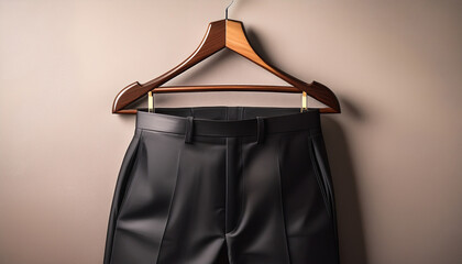 A silky black formal pants on a Wooden Clothes hanger
