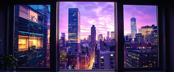 NYC Sunset Cityscape View from Window.