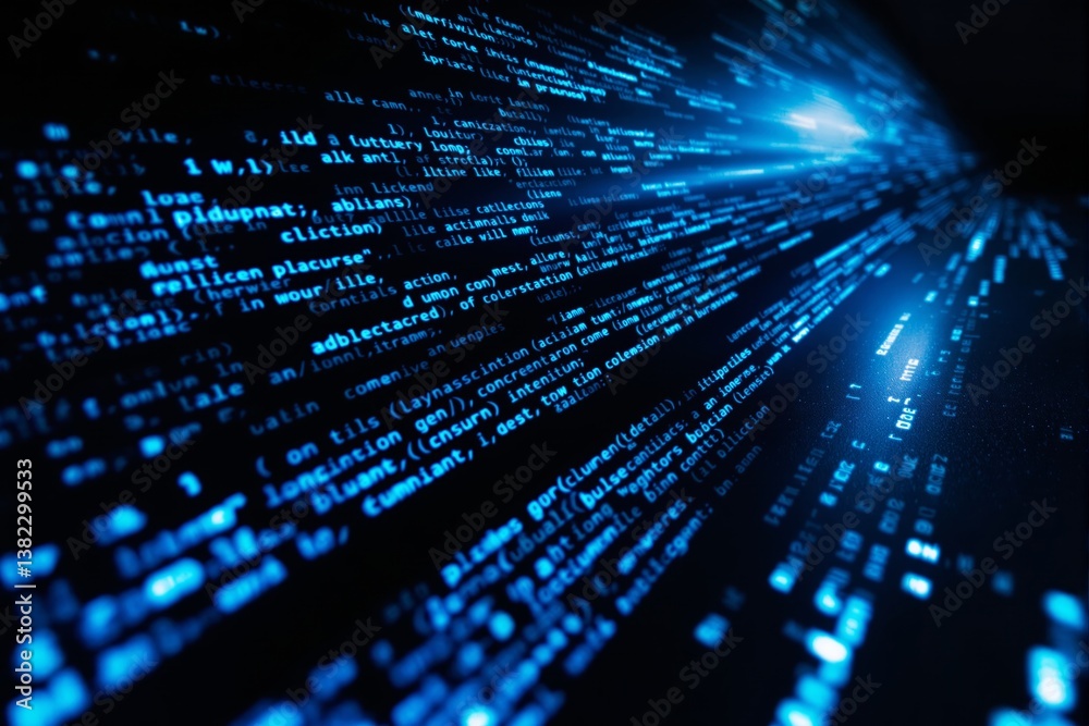 Poster futuristic digital code background with glowing blue text on dark abstract light effect.
