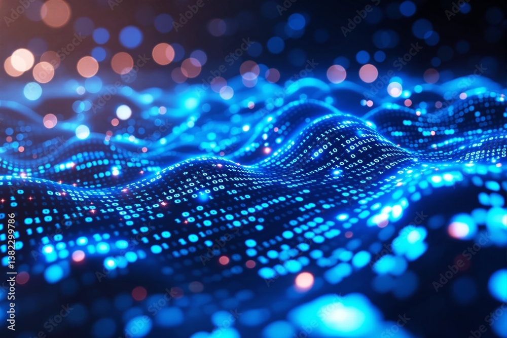 Poster Abstract digital landscape with binary code and glowing blue lights.
