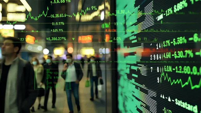 Night City Stock Market Display: Blurry Pedestrians and Green Digital Data - Powered by Adobe