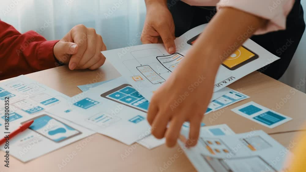 Poster panorama video of startup company employee planning on user interface prototype for mobile applicati
