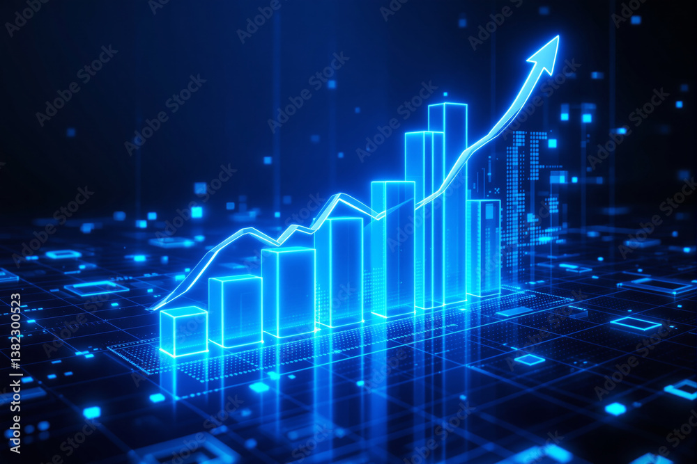 Poster abstract glowing business growth chart with rising bar graph in blue light on a futuristic digital b