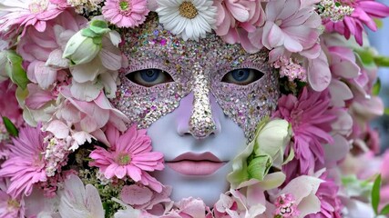 Colorful mask adorned with flowers at a vibrant festival in springtime celebration