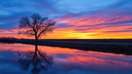 Serene Sunset Reflection: A Lone Tree Silhouetted Against Vibrant Sky