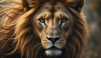 Fototapeta premium “Lion calmly resting in the wild, exuding quiet confidence and strength beneath the golden tones of natural daylight.”