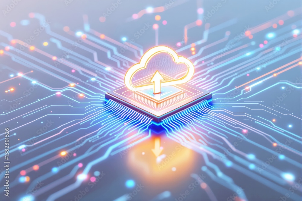 Poster Cloud computing technology concept with glowing cloud upload icon on microchip.