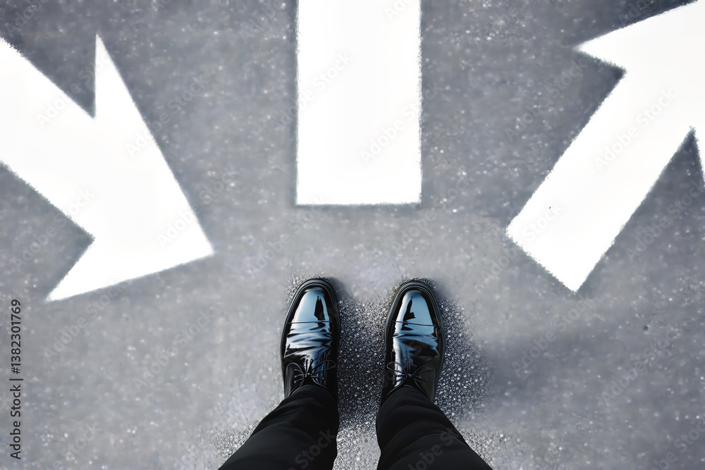 Poster businessman standing at crossroads with arrows pointing in different directions.