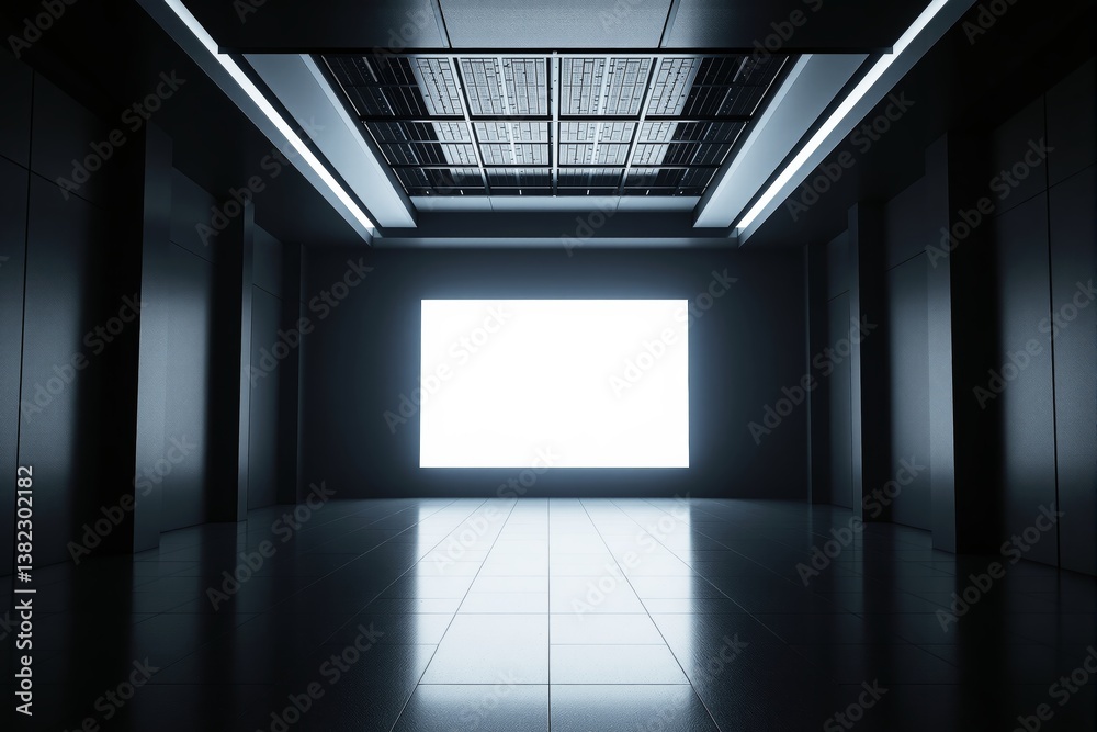 Poster futuristic empty dark room with illuminated blank screen on wall.
