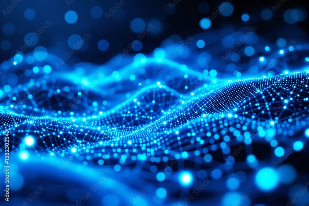 Poster abstract digital blue wave with glowing dots and lines on dark background.
