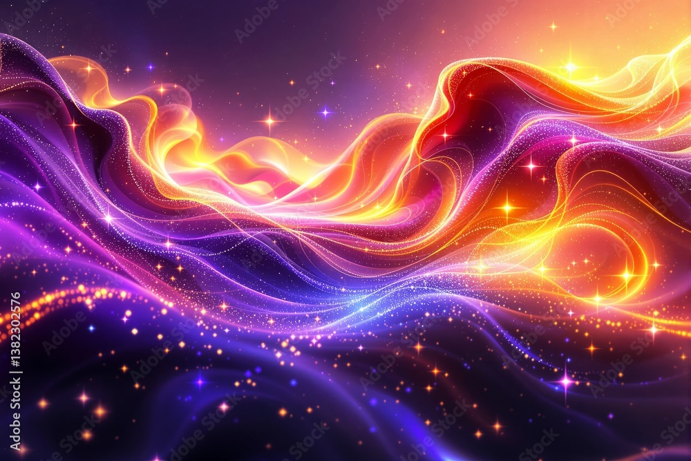 Poster abstract glowing waves with sparkling lights in vibrant colors.