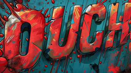 A vibrant comic-style illustration featuring the word 'OUCH!' in bold letters, splattered with red paint, evoking a dramatic and dynamic mood.