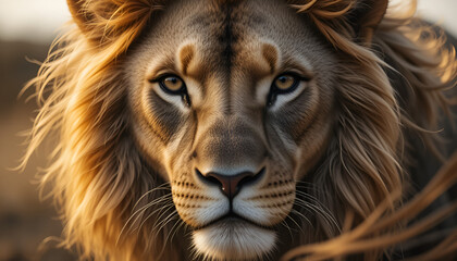 Naklejka premium “Majestic lion with golden mane gazing fiercely forward, representing strength, leadership, and the raw beauty of the animal kingdom.”