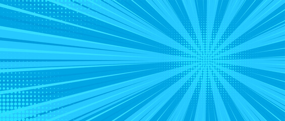 blue rays comic background with dot halftone