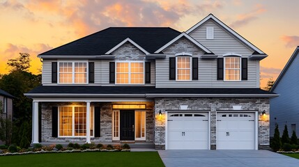 Elegant Two Story House Featuring Windows and a Garage Door