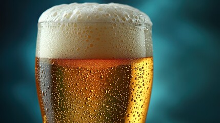 Close-up of a cold beer glass with frothy head