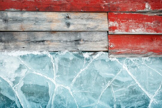 Weathered red and grey wood planks meet frozen, cracked ice, creating a stark winter scene.