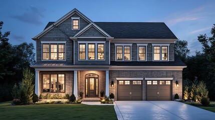 Elegant Two Story House Featuring Windows and a Garage Door