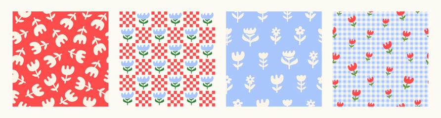 Set seamless patterns with cute hand drawn flowers. Vector illustration.