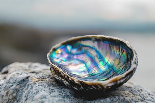 A vibrant abalone shell rests on a weathered rock, showcasing its iridescent colors against a blurred coastal backdrop.