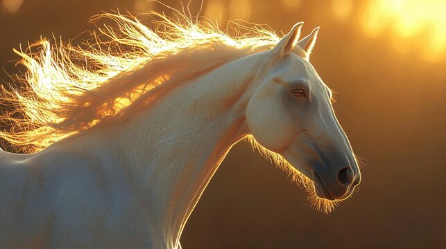 a horse with flared nostrils and lifted head, expression of pride, ultra-realistic, detailed mane, golden hour lighting, cinematic feel.