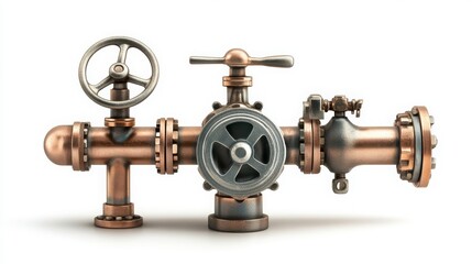 industrial gas valve with silver handle and copper piping, isolated on white background, with slight shadows and subtle highlights, displaying intricate.