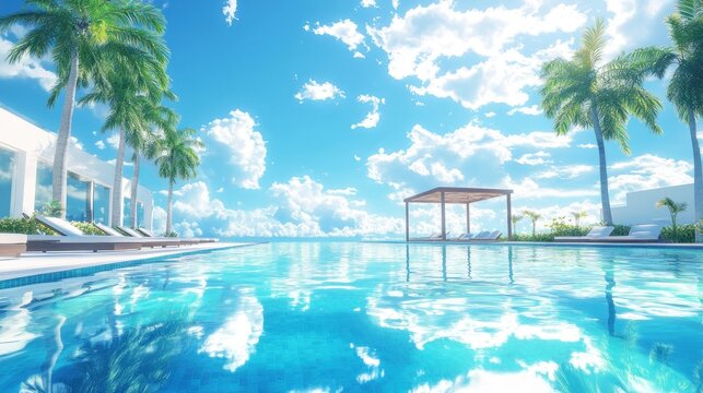 Tropical Paradise, Infinity Pool and Palm Trees Under a Sunny Sky