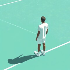 Tennis Player Standing Alone on Court Viewed From High Angle